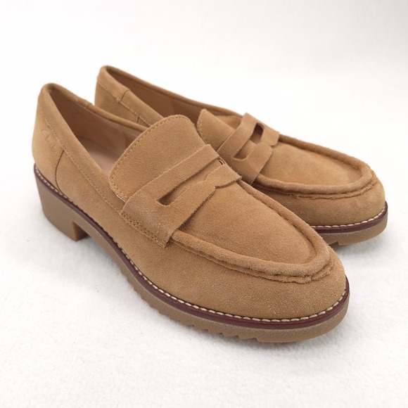 Clarks Shoes - Clarks Orianna W Suede Penny Loafers Tan 8.5 Preppy Academic Chunky Platform Lug